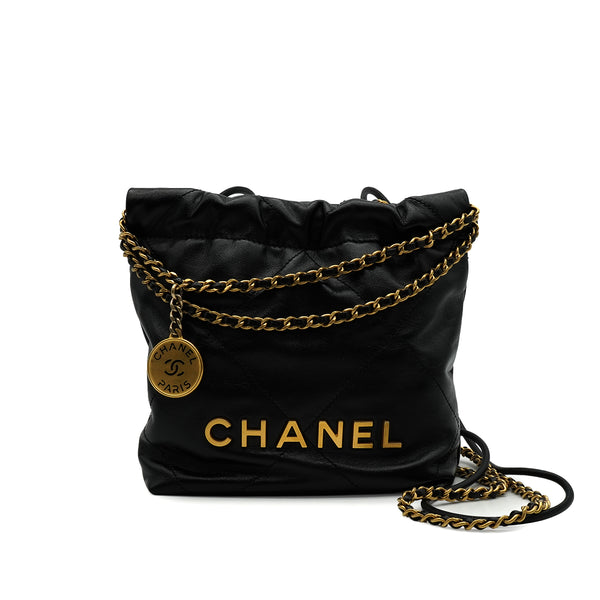 CHANEL 22 MINI CHAIN SHOULDER BAG BLACK LAMB SKIN GOLD HARDWARE 90337666