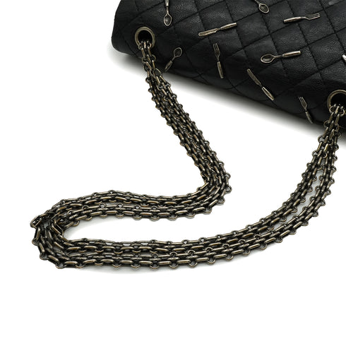 CHANEL 2.55 CHAIN SHOULDER BAG CUTLERY CARM BLACK LEATHER SILVER HARDWARE 90347928