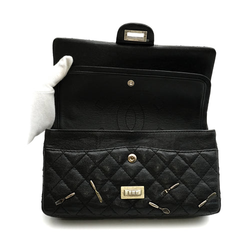 CHANEL 2.55 CHAIN SHOULDER BAG CUTLERY CARM BLACK LEATHER SILVER HARDWARE 90347928