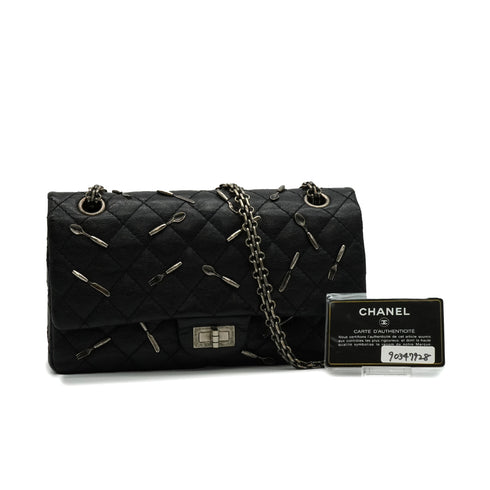CHANEL 2.55 CHAIN SHOULDER BAG CUTLERY CARM BLACK LEATHER SILVER HARDWARE 90347928