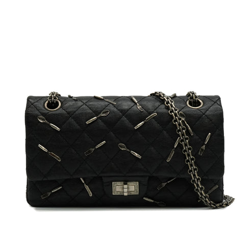 CHANEL 2.55 CHAIN SHOULDER BAG CUTLERY CARM BLACK LEATHER SILVER HARDWARE 90347928