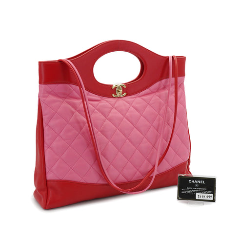CHANEL 31 LARGE HAND SHOULDER BAG PINK RED LAMB SKIN GOLD HARDWARE 90341899