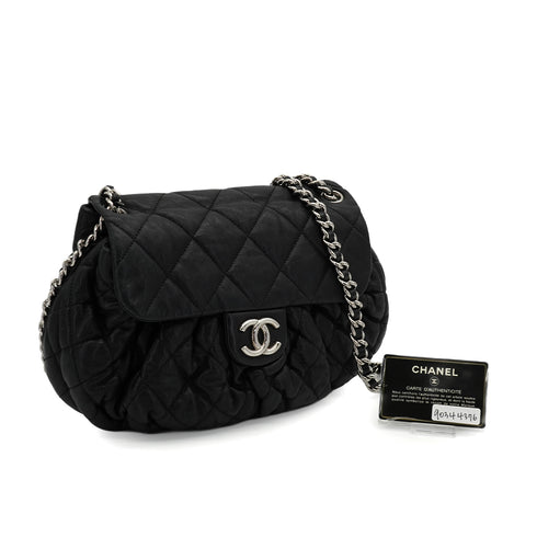 CHANEL AROUND CHAIN SHOULDER BAG BLACK LAMB SKIN SILVER HARDWARE 90344376