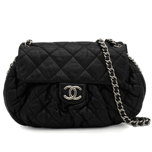 CHANEL AROUND CHAIN SHOULDER BAG BLACK LAMB SKIN SILVER HARDWARE 90344376
