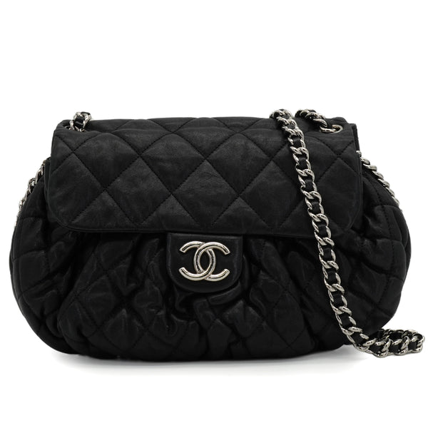 CHANEL AROUND CHAIN SHOULDER BAG BLACK LAMB SKIN SILVER HARDWARE 90344376