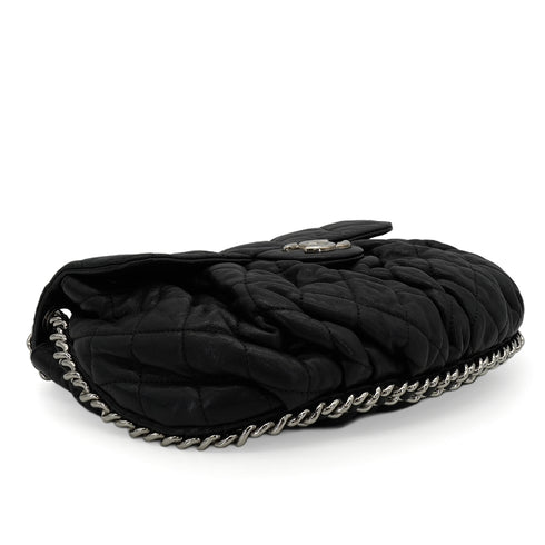 CHANEL AROUND CHAIN SHOULDER BAG BLACK LAMB SKIN SILVER HARDWARE 90344376