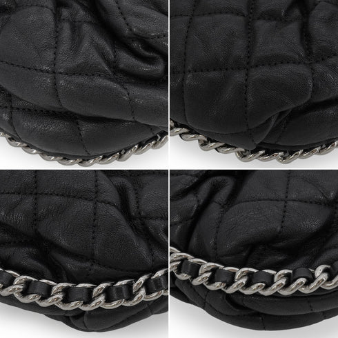CHANEL AROUND CHAIN SHOULDER BAG BLACK LAMB SKIN SILVER HARDWARE 90344376