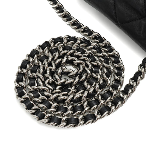 CHANEL AROUND CHAIN SHOULDER BAG BLACK LAMB SKIN SILVER HARDWARE 90344376