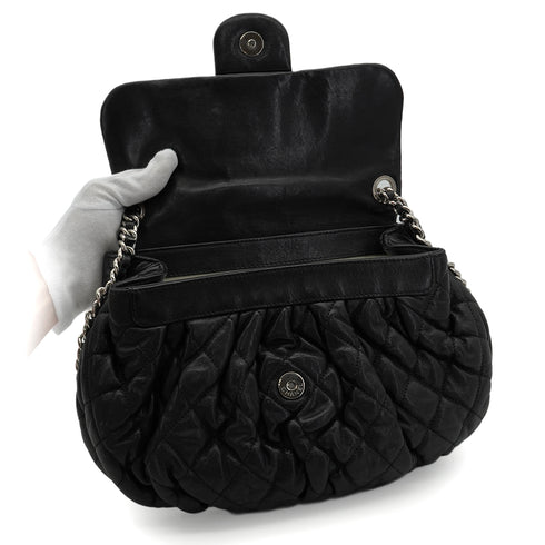 CHANEL AROUND CHAIN SHOULDER BAG BLACK LAMB SKIN SILVER HARDWARE 90344376