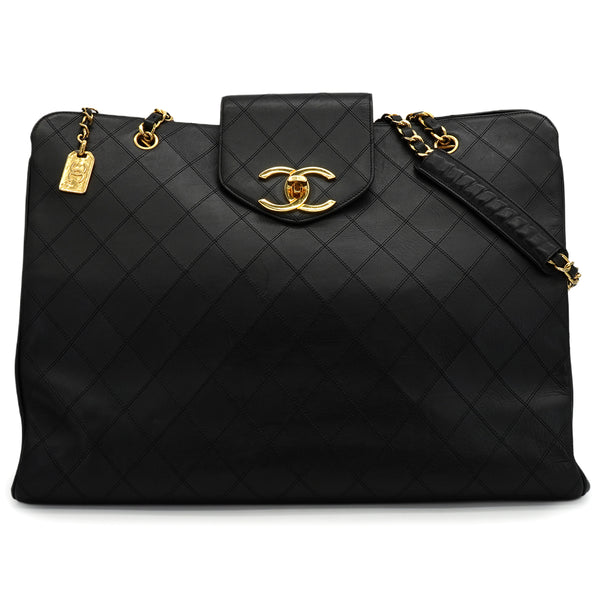 VINTAGE CHANEL BICOLORE SUPER MODEL CHAIN TOTE BAG BLACK LAMB SKIN GOLD HARDWARE 90343935