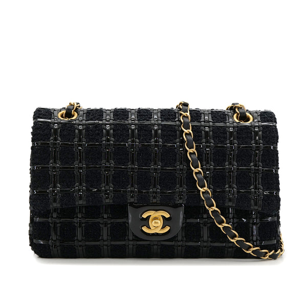 CHANEL BLOCK CHECK CHAIN SHOULDER BAG BLACK TWEED ENAMEL GOLD HARDWARE 90318754