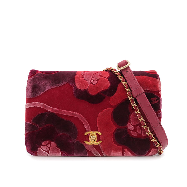 CHANEL CAMELLIA 2WAY CHAIN HAND SHOULDER BAG RED PINK VELVET GOLD HARDWARE 90318730