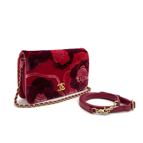 CHANEL CAMELLIA 2WAY CHAIN HAND SHOULDER BAG RED PINK VELVET GOLD HARDWARE 90318730