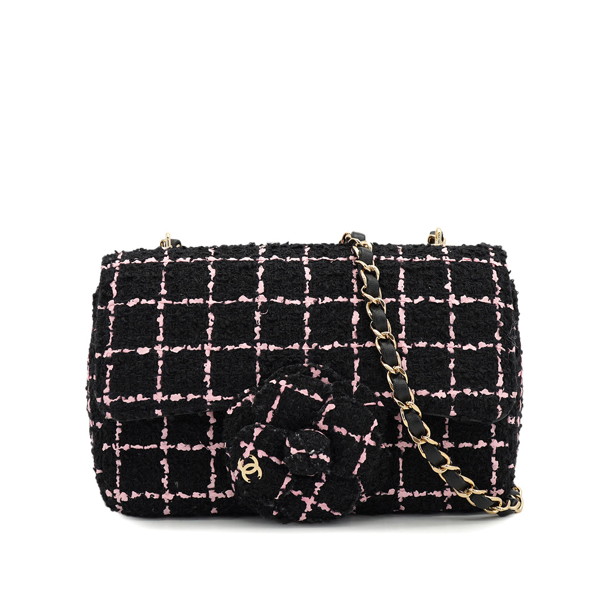 CHANEL CAMELLIA CHAIN SHOULDER BAG BLACK PINK TWEED GOLD HARDWARE