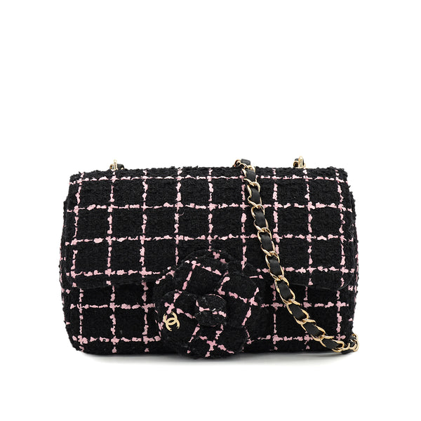 CHANEL CAMELLIA CHAIN SHOULDER BAG BLACK PINK TWEED GOLD HARDWARE 90328468