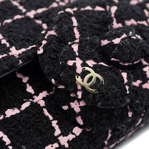 CHANEL CAMELLIA CHAIN SHOULDER BAG BLACK PINK TWEED GOLD HARDWARE 90328468