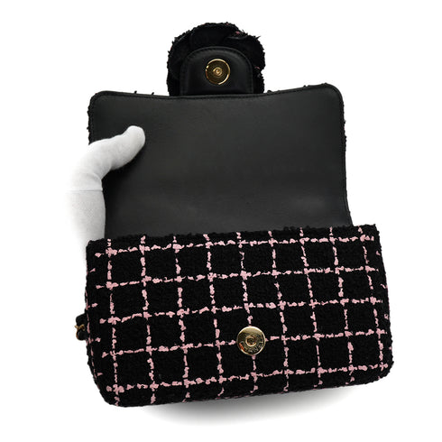 CHANEL CAMELLIA CHAIN SHOULDER BAG BLACK PINK TWEED GOLD HARDWARE 90328468