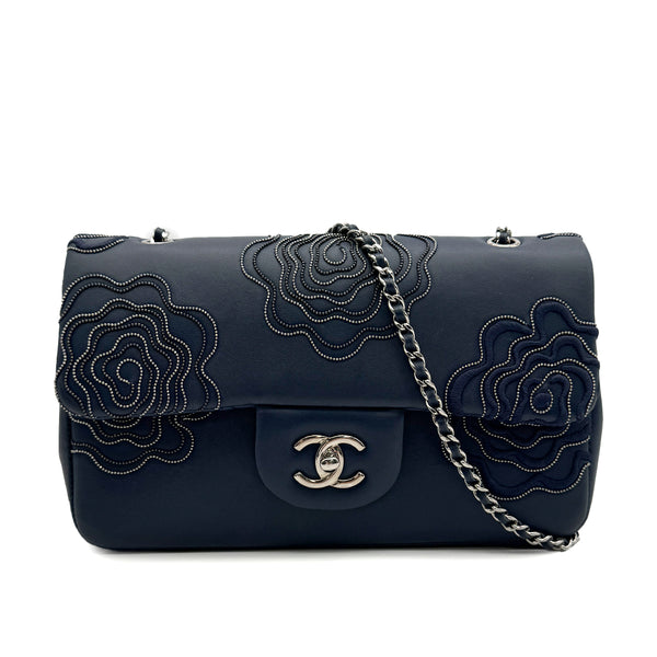 CHANEL CAMELLIA CHAIN SHOULDER BAG NAVY LEATHER SILVER HARDWARE 90313669