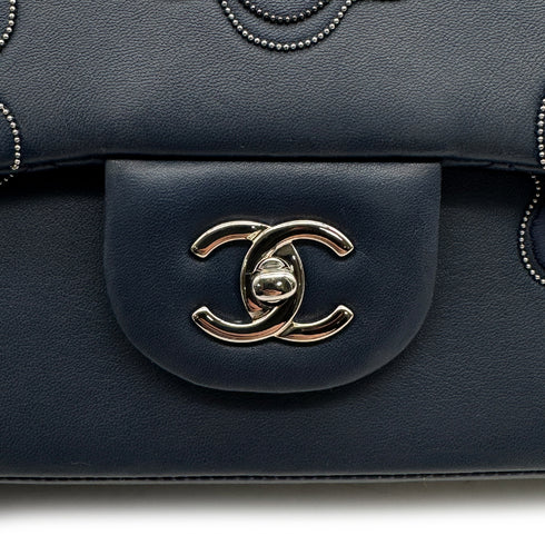CHANEL CAMELLIA CHAIN SHOULDER BAG NAVY LEATHER SILVER HARDWARE 90313669