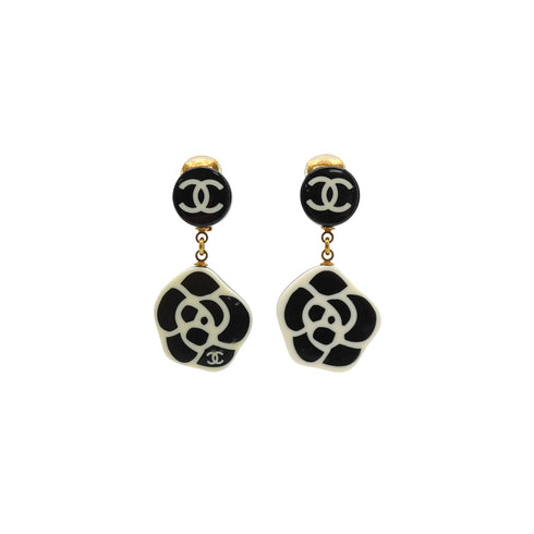 CHANEL CAMELLIA EARRINGS COCOMARK WHITE BLACK SWING ACCESSORY 03P 90340383