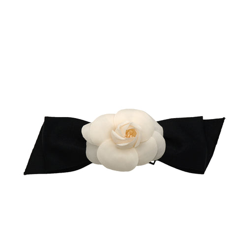 VINTAGE CHANEL CAMELLIA RIBBON VALLETTA BLACK WHITE HAIR ACCESSORY 90345163