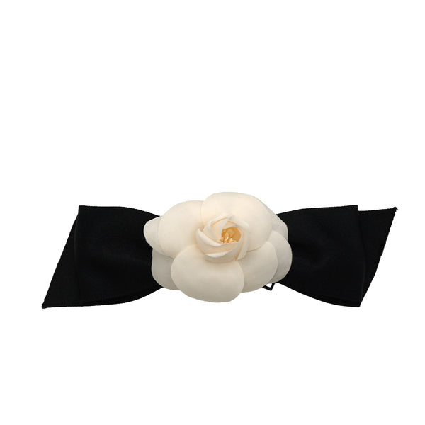 VINTAGE CHANEL CAMELLIA RIBBON VALLETTA BLACK WHITE HAIR ACCESSORY 90345163