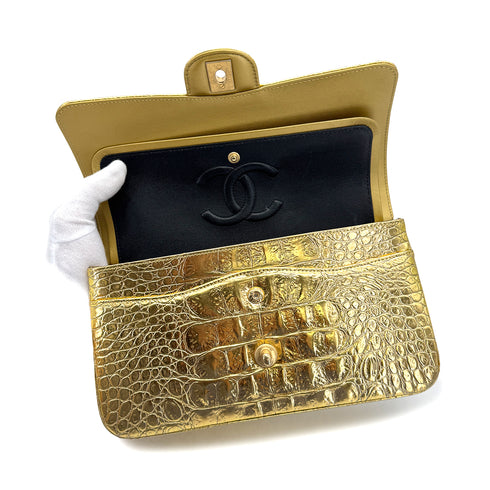 CHANEL CHAIN SHOULDER BAG GOLD CROCODILE EMBOSSED GOLD HARDWARE 90321015
