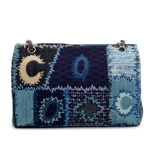 CHANEL CHAIN SHOULDER BAG PATCHWORK MULTICOLOR LEATHER DENIM TWEED SILVER HARDWARE 90347684