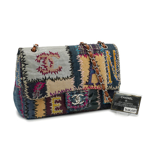CHANEL CHAIN SHOULDER BAG PATCHWORK MULTICOLOR LEATHER DENIM TWEED SILVER HARDWARE 90342737