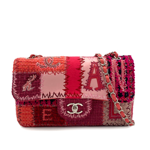 CHANEL CHAIN SHOULDER BAG PATCHWORK PINK TWEED LEATHER SILVER HARDWARE 90315622