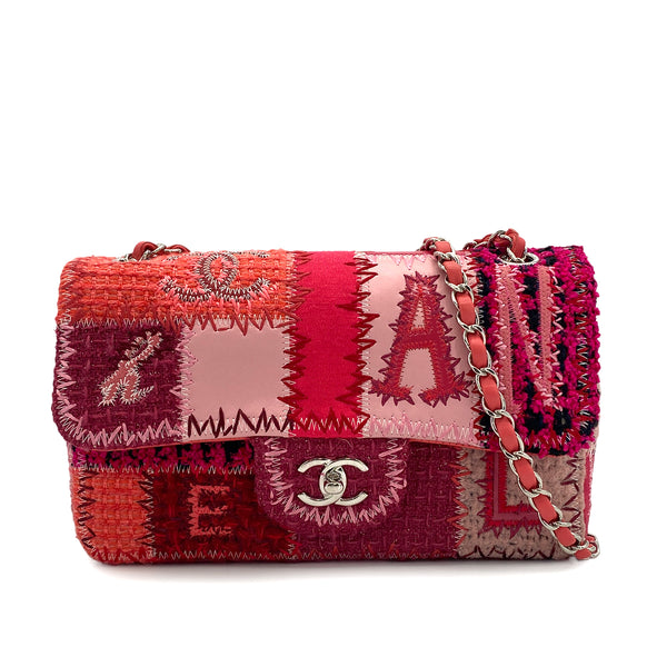CHANEL CHAIN SHOULDER BAG PATCHWORK PINK TWEED LEATHER SILVER HARDWARE 90315622