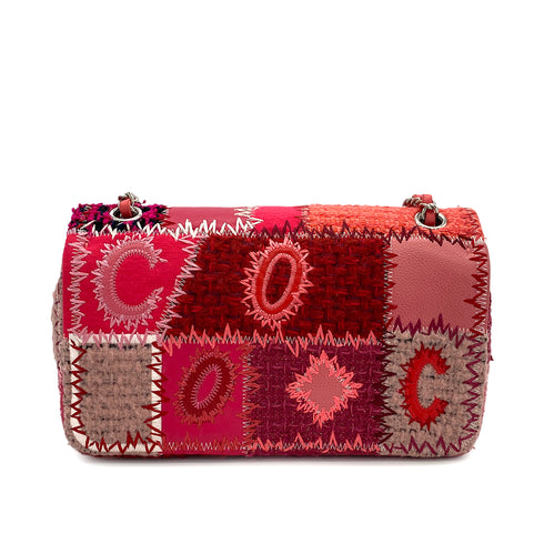 CHANEL CHAIN SHOULDER BAG PATCHWORK PINK TWEED LEATHER SILVER HARDWARE 90315622