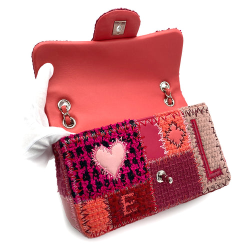 CHANEL CHAIN SHOULDER BAG PATCHWORK PINK TWEED LEATHER SILVER HARDWARE 90315622