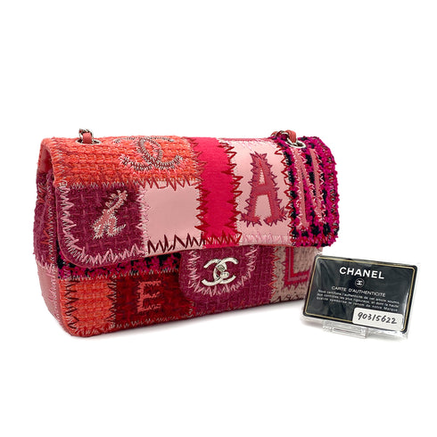 CHANEL CHAIN SHOULDER BAG PATCHWORK PINK TWEED LEATHER SILVER HARDWARE 90315622