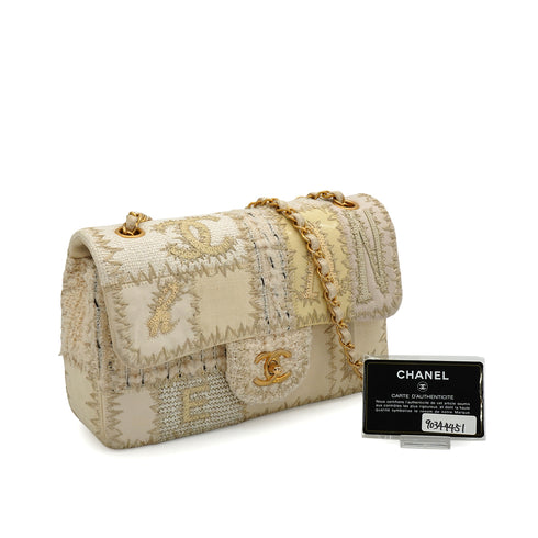 CHANEL CHAIN SHOULDER BAG PATCHWORK BEIGE TWEED GOLD HARDWARE 90344451