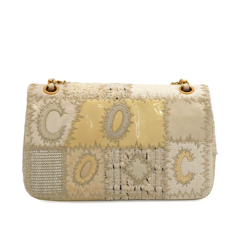 CHANEL CHAIN SHOULDER BAG PATCHWORK BEIGE TWEED GOLD HARDWARE 90344451