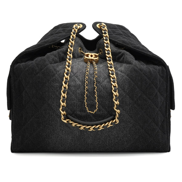 CHANEL CHANEL25 CHAIN SHOULDER BAG BLACK DENIM GOLD HARDWARE 90331857
