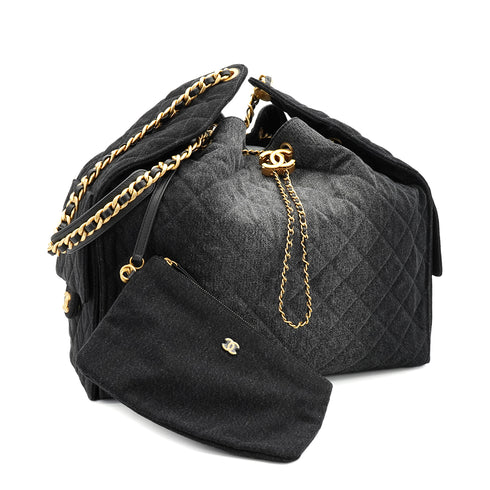 CHANEL CHANEL25 CHAIN SHOULDER BAG BLACK DENIM GOLD HARDWARE 90331857