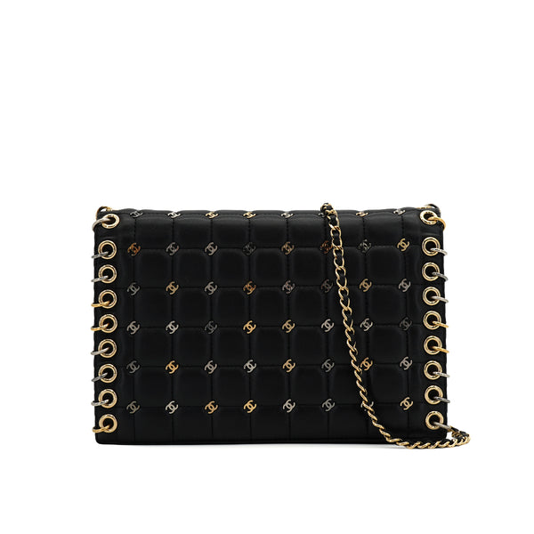 CHANEL CHOCOLATE BAR CHAIN SHOULDER BAG BLACK LAMB SKIN 90333188