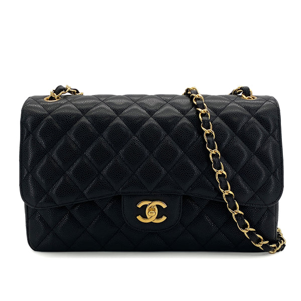 CHANEL CLASSIC FLAP JUMBO CHAIN SHOULDER BAG BLACK CAVIAR SKIN GOLD HARDWARE 90323977