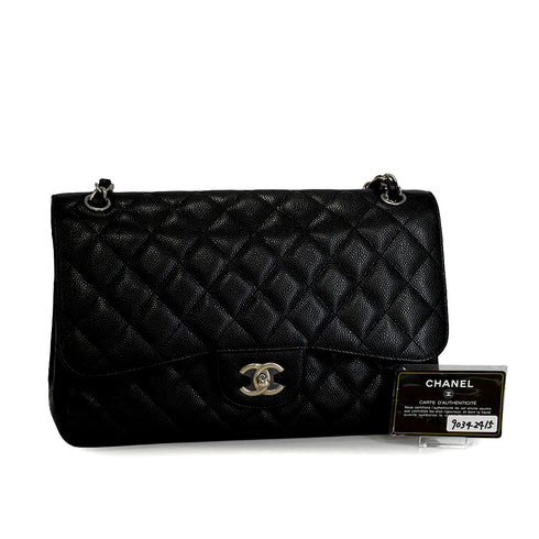 CHANEL CLASSIC FLAP JUMBO CHAIN SHOULDER BAG BLACK CAVIAR SKIN SILVER HARDWARE 90342415