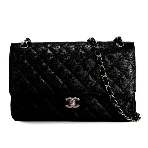 CHANEL CLASSIC FLAP JUMBO CHAIN SHOULDER BAG BLACK CAVIAR SKIN SILVER HARDWARE 90342415