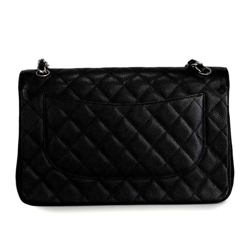 CHANEL CLASSIC FLAP JUMBO CHAIN SHOULDER BAG BLACK CAVIAR SKIN SILVER HARDWARE 90342415