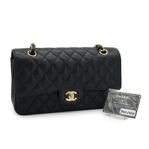 CHANEL CLASSIC FLAP MEDIUM CHAIN SHOULDER BAG BLACK CAVIAR SKIN GOLD HARDWARE 90335604