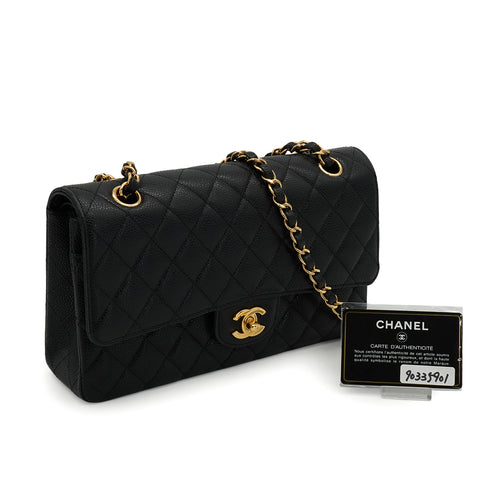 CHANEL CLASSIC FLAP MEDIUM CHAIN SHOULDER BAG BLACK CAVIAR SKIN GOLD HARDWARE 90335901