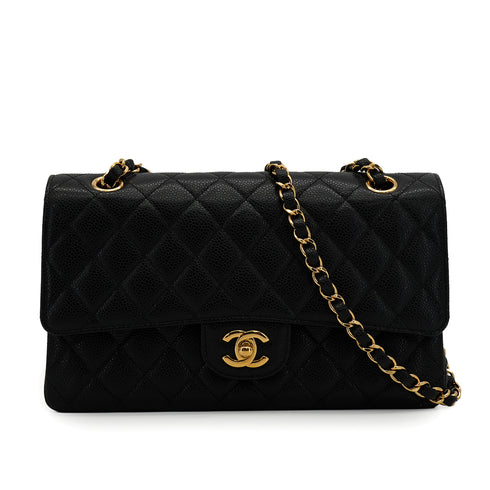 CHANEL CLASSIC FLAP MEDIUM CHAIN SHOULDER BAG BLACK CAVIAR SKIN GOLD HARDWARE 90335901