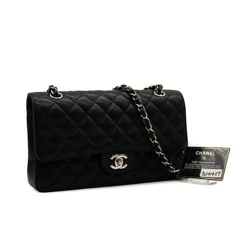 CHANEL CLASSIC FLAP MEDIUM CHAIN SHOULDER BAG BLACK CAVIAR SKIN SILVER HARDWARE 90341457