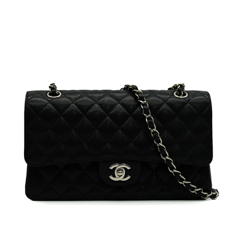 CHANEL CLASSIC FLAP MEDIUM CHAIN SHOULDER BAG BLACK CAVIAR SKIN SILVER HARDWARE 90341457