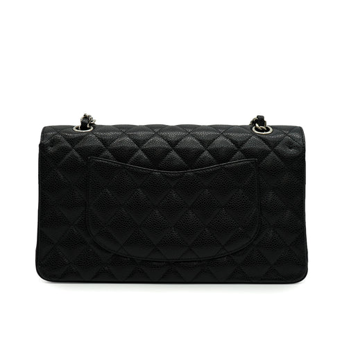 CHANEL CLASSIC FLAP MEDIUM CHAIN SHOULDER BAG BLACK CAVIAR SKIN SILVER HARDWARE 90341457