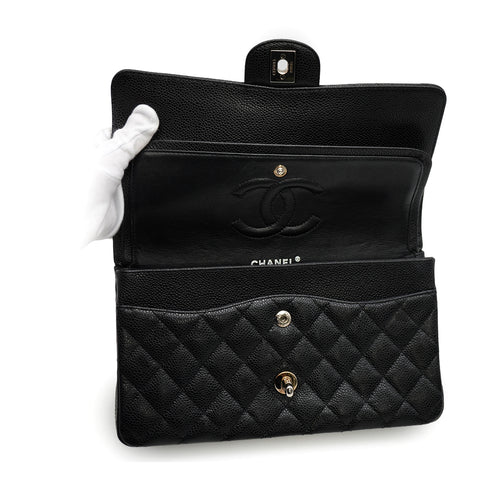 CHANEL CLASSIC FLAP MEDIUM CHAIN SHOULDER BAG BLACK CAVIAR SKIN SILVER HARDWARE 90341457